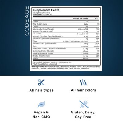 Hair Gummies, Biotin 5000 mcg, Sugar Free Growth Gummy Vitamins A, C, B6, B12, D3, Zinc, Inositol Supplement, Women & Men, Pantothenic Folic Acid, Nails, Skin, Strawberry Coconut Flavor, 60 ct