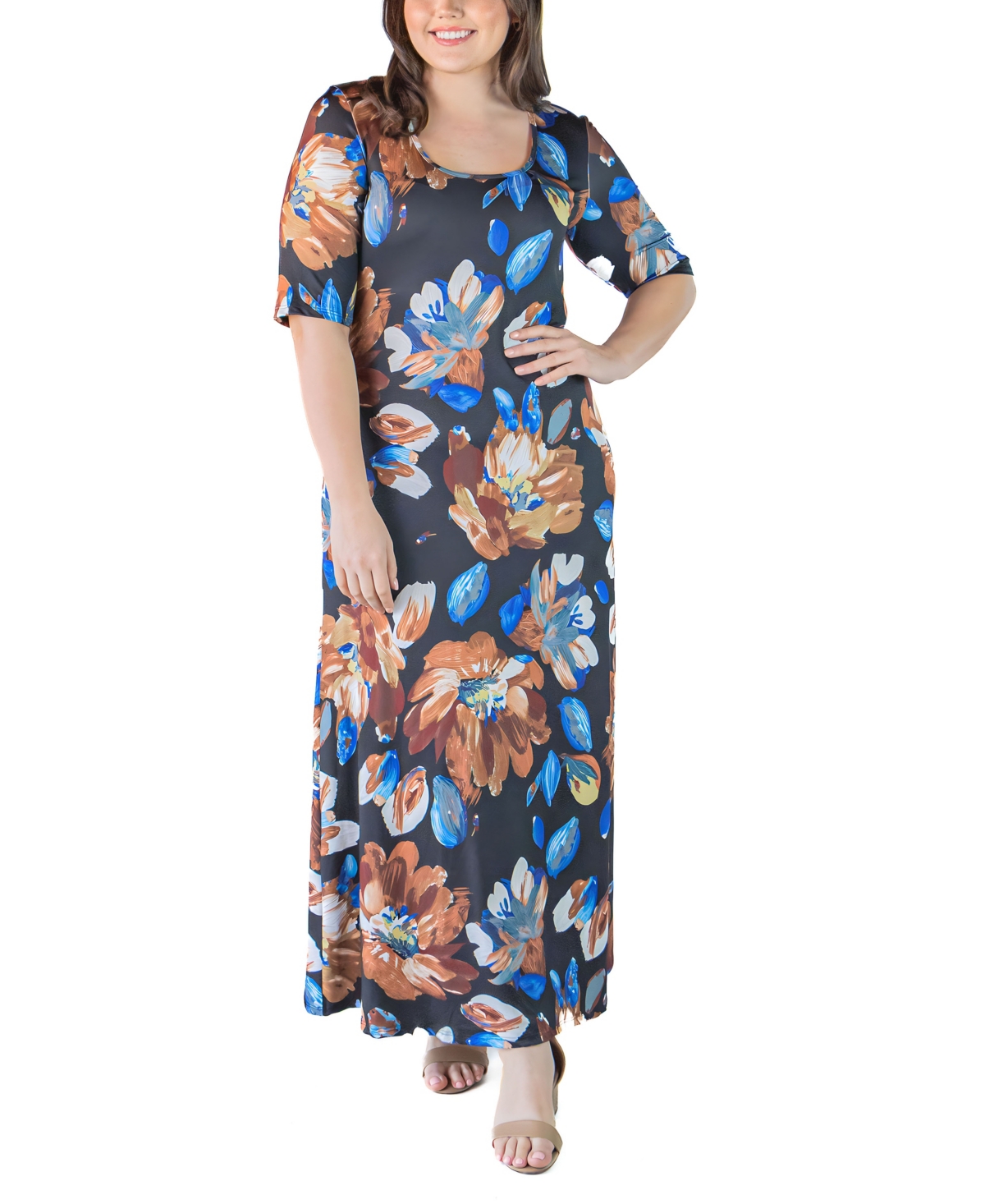 Shop 24seven Comfort Apparel Plus Size Elbow Length Sleeve Maxi Dress In Brown Multi