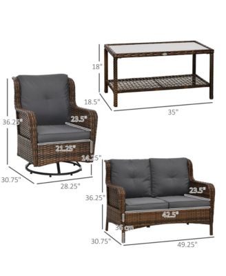 4 Piece PE Wicker Patio Furniture Set, Conversation Set with 2 360° Swivel Rocking Armchairs, 1 Loveseat Sofa, Thick Cushions and Glass Table Top Table, Gray