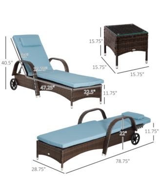 3 Piece Outdoor Furniture Set, 2 Reclining Chaise Lounge Chairs, Rolling Wheels, Armrests, Headrests, Thickly Cushioned, 1 Side Table, PE Plastic Rattan, Blue
