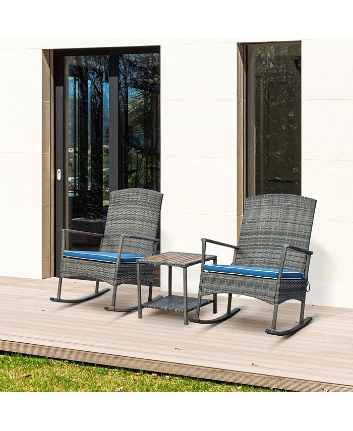 Outsunny 3 Piece Patio Rocking Chair Set, 2 PE Wicker Rocking Chairs