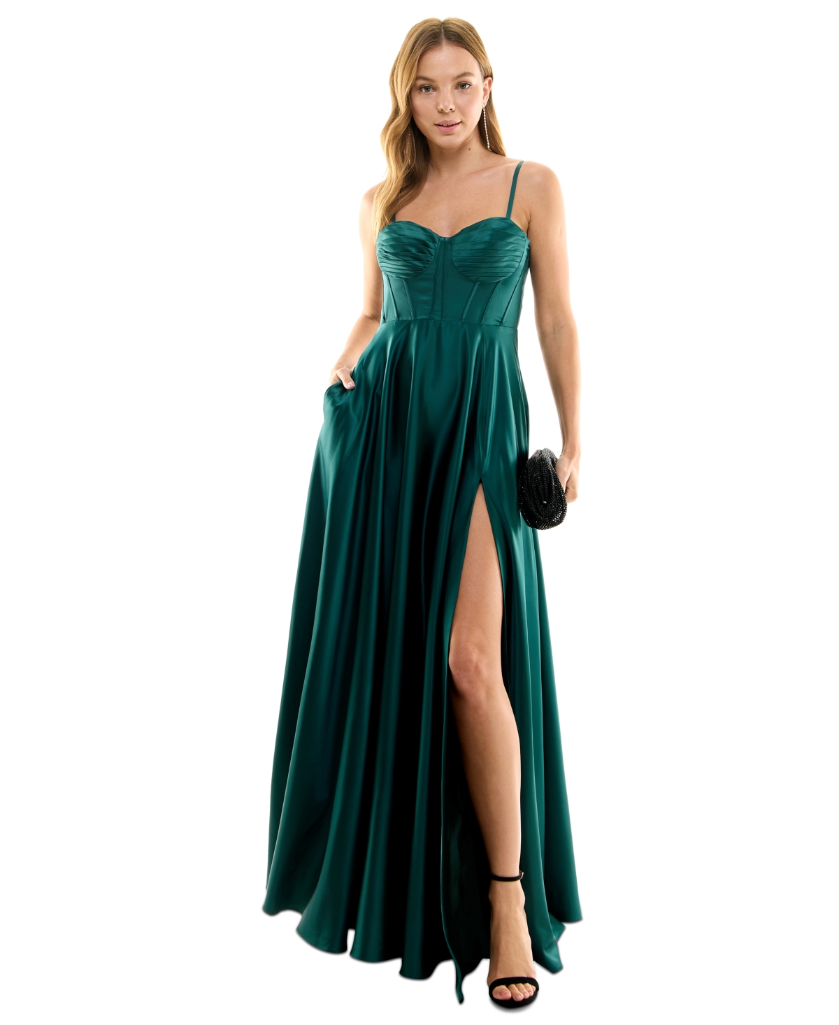 Juniors' Pleated-Bodice High-Slit Evening Gown - Hunter