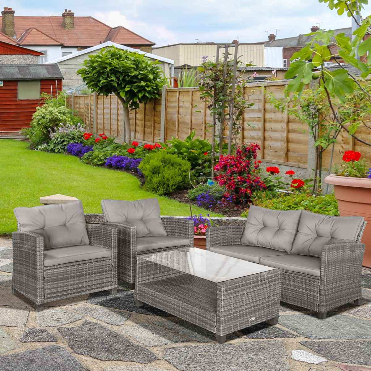 Outsunny 4 Pieces Patio Furniture Sets Rattan Wicker Chair w/ Table Outdoor Conversation Set with Cushion for Backyard Porch Garden Poolside and Deck