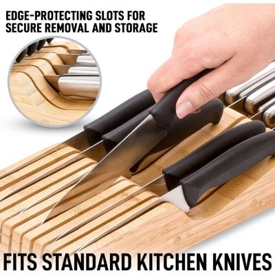 Bamboo Knife Drawer Organizer Insert - Edge-Protecting Knife Organizer Block Holds Up To 11 Knives