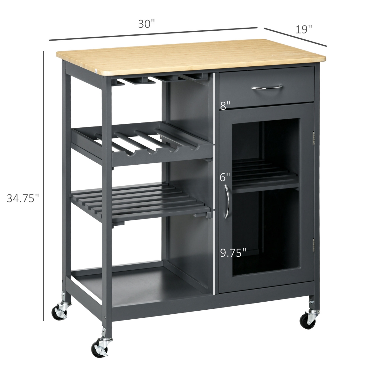 Homcom Utility Kitchen Cart, Rolling Kitchen Island Storage Trolley with Wine Rack, Shelves, Drawer and Cabinet,- Grey