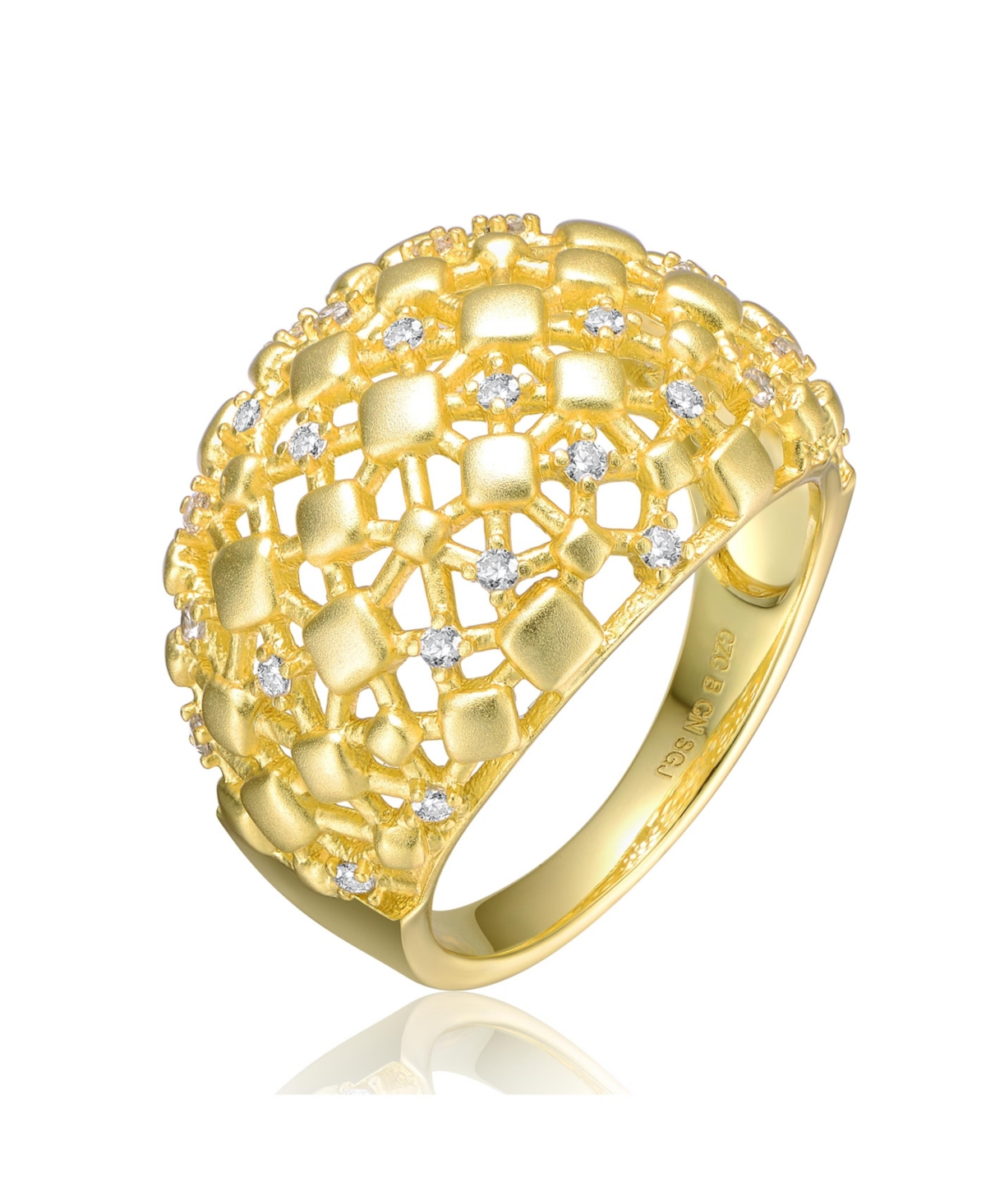 RACHEL GLAUBER RA 14K YELLOW GOLD PLATED WITH CUBIC ZIRCONIA DOME-SHAPED TEXTURED NUGGET RING