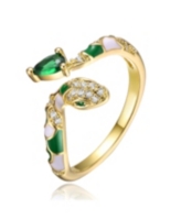 Rachel Glauber Ra 14k Yellow Gold Plated with Emerald & Cubic Zirconia Coiled Snake Serpent Open Bypass Cuff Ring - Green