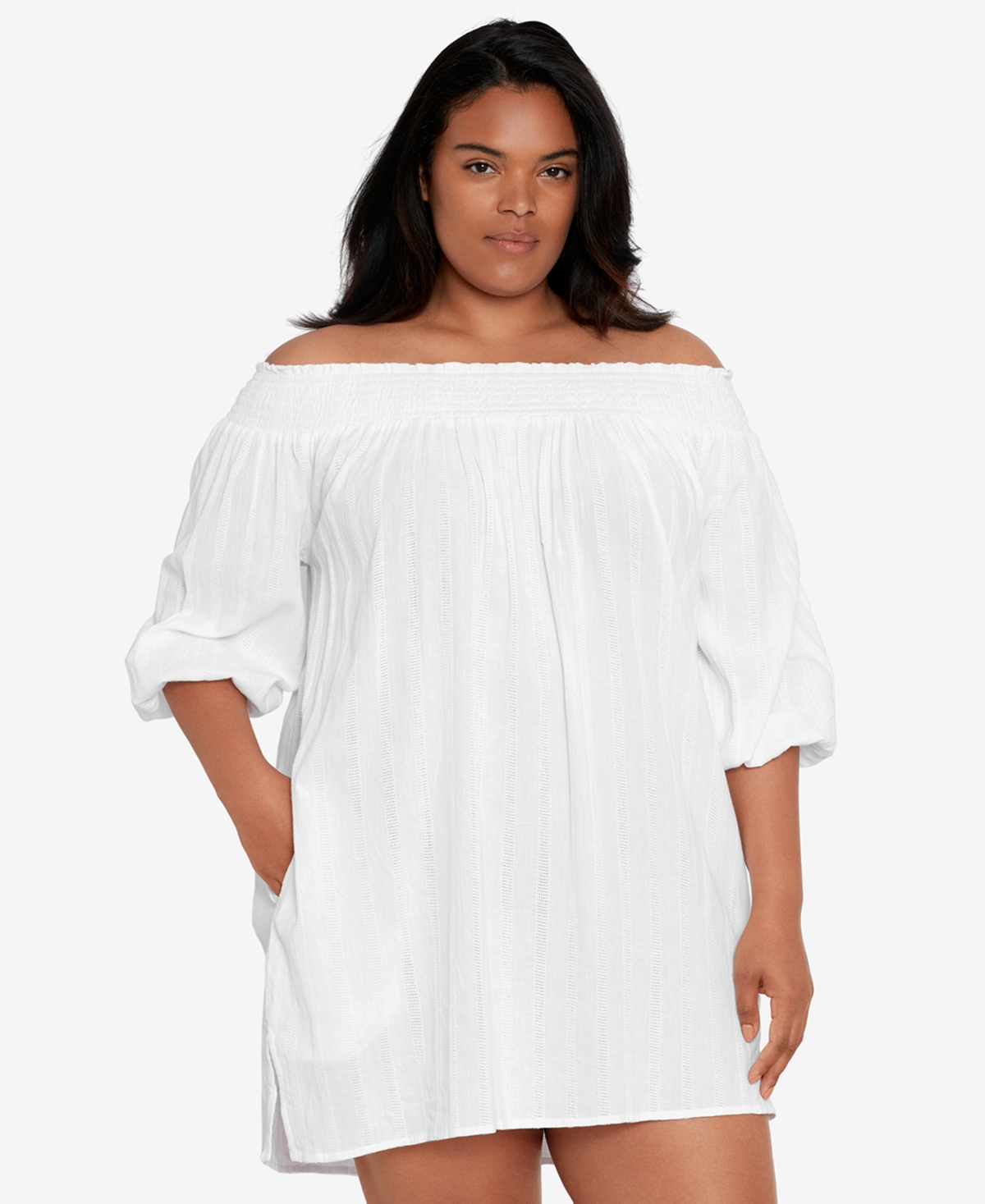 Lauren Ralph Lauren Plus Size Off-the-shoulder Dress In White Stripe