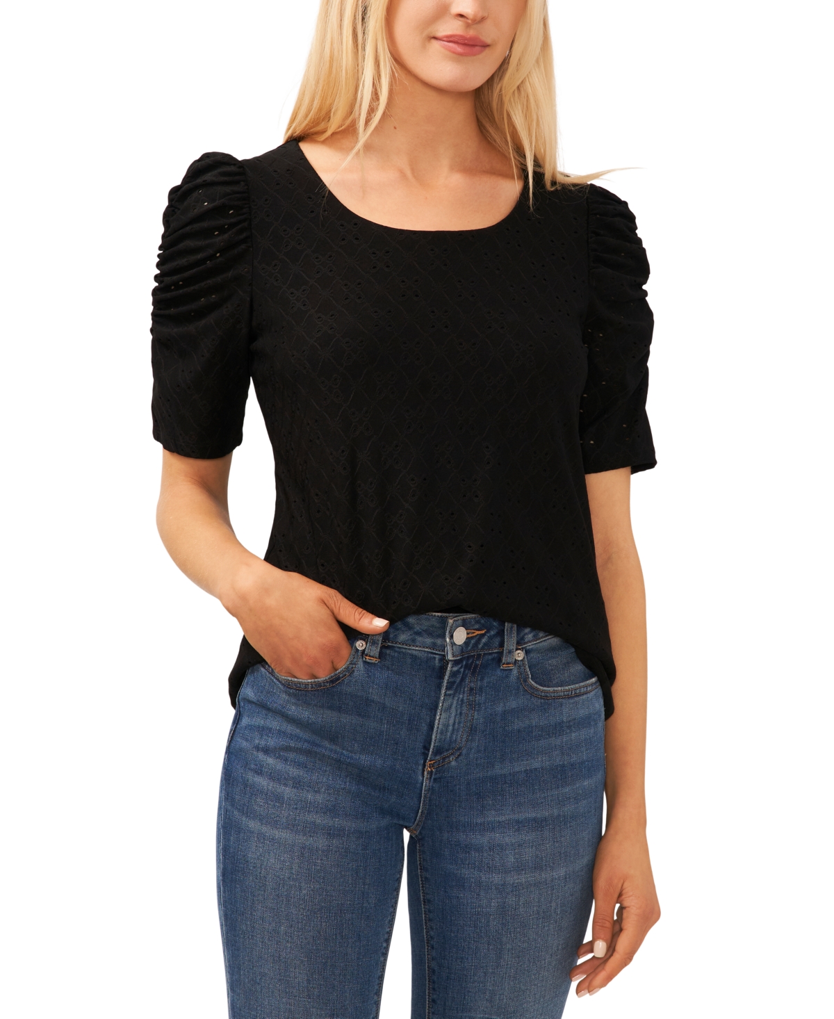 Shop Cece Women's Short Sleeve Eyelet-embroidered Knit Top In Rich Black