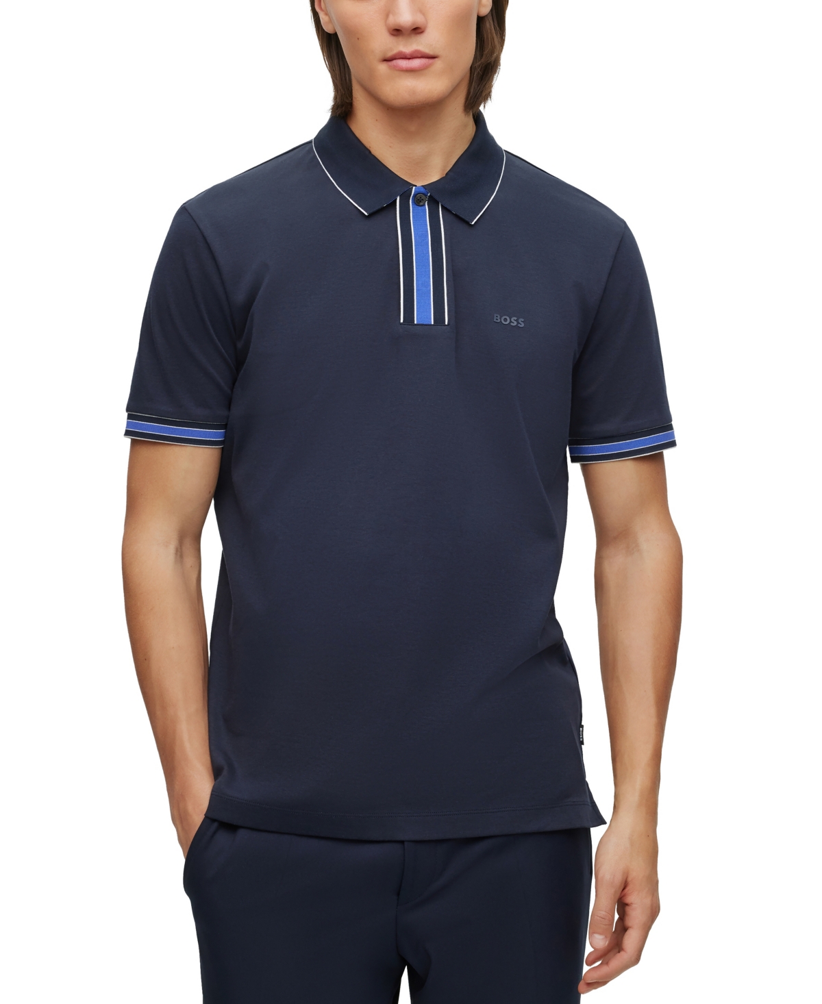 Shop Hugo Boss Boss By  Men's Interlock-cotton Contrast Tipping Polo In Dark Blue