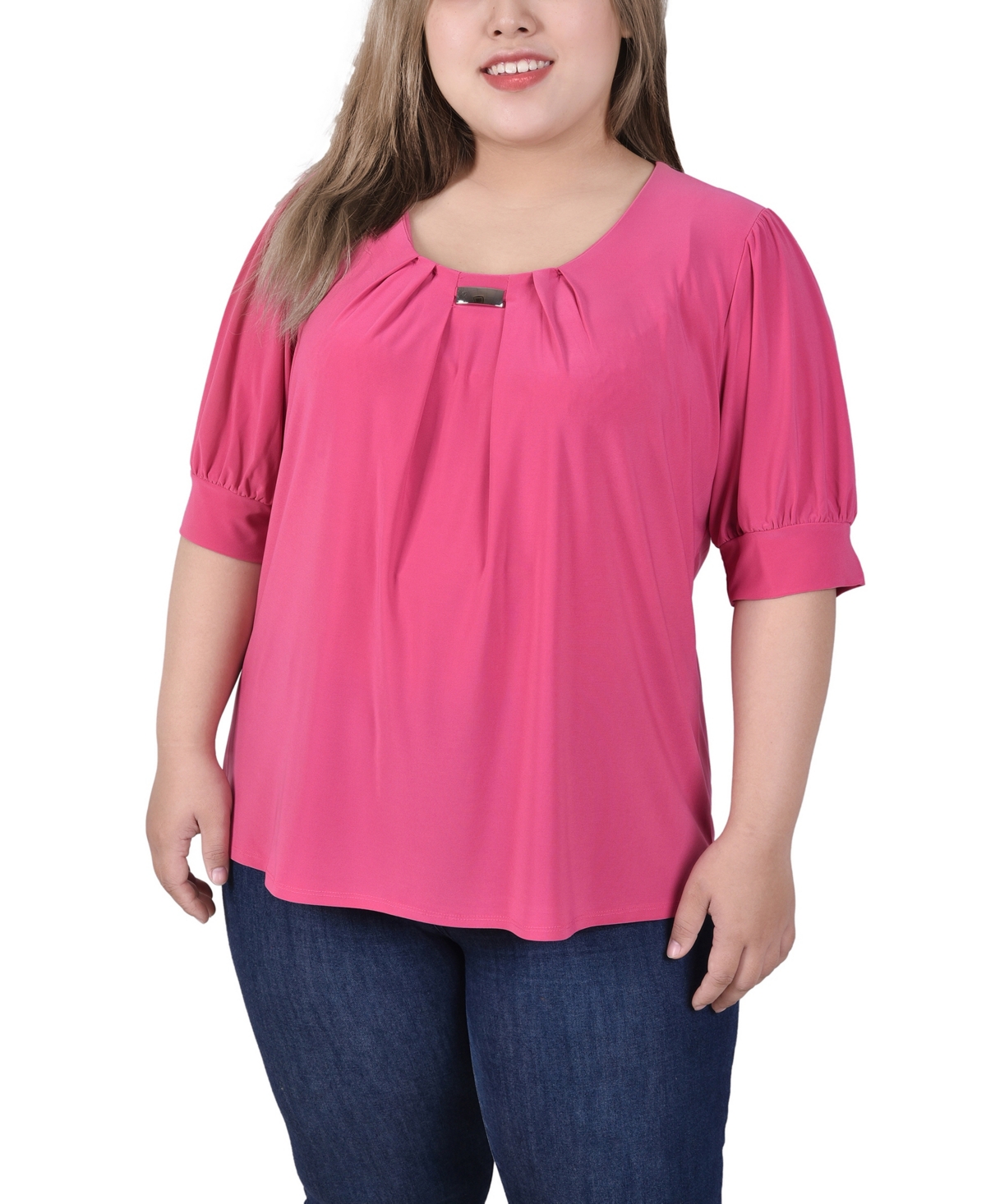Ny Collection Plus Size Short Balloon Sleeve Top With Hardware In Magenta