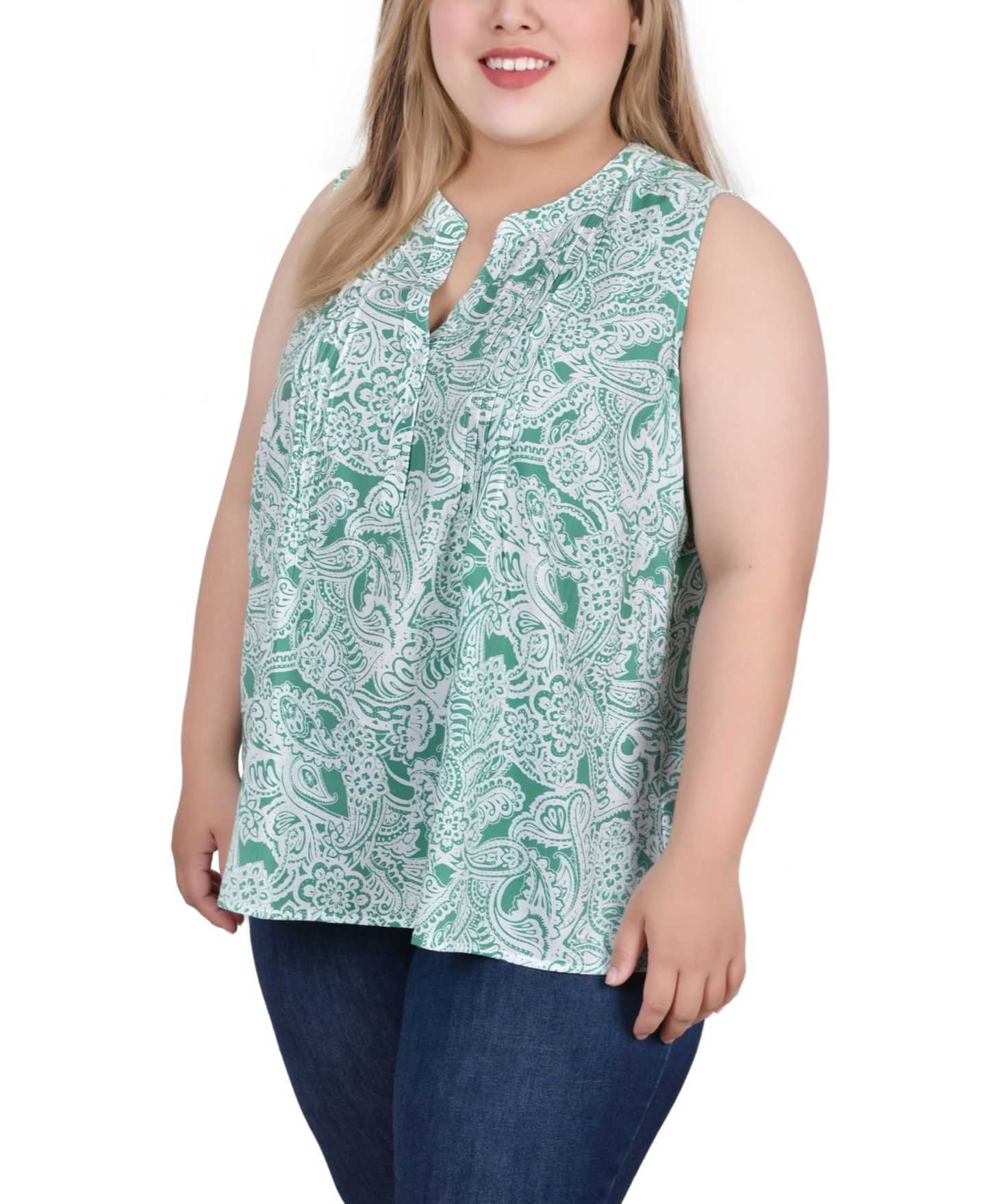 Женская блузка NY Collection Plus Size Sleeveless Pintucked, цвет: Зелёный чернильный — фото 3
