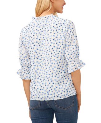 Women's 3/4-Sleeve Tie Neck Floral Print Blouse