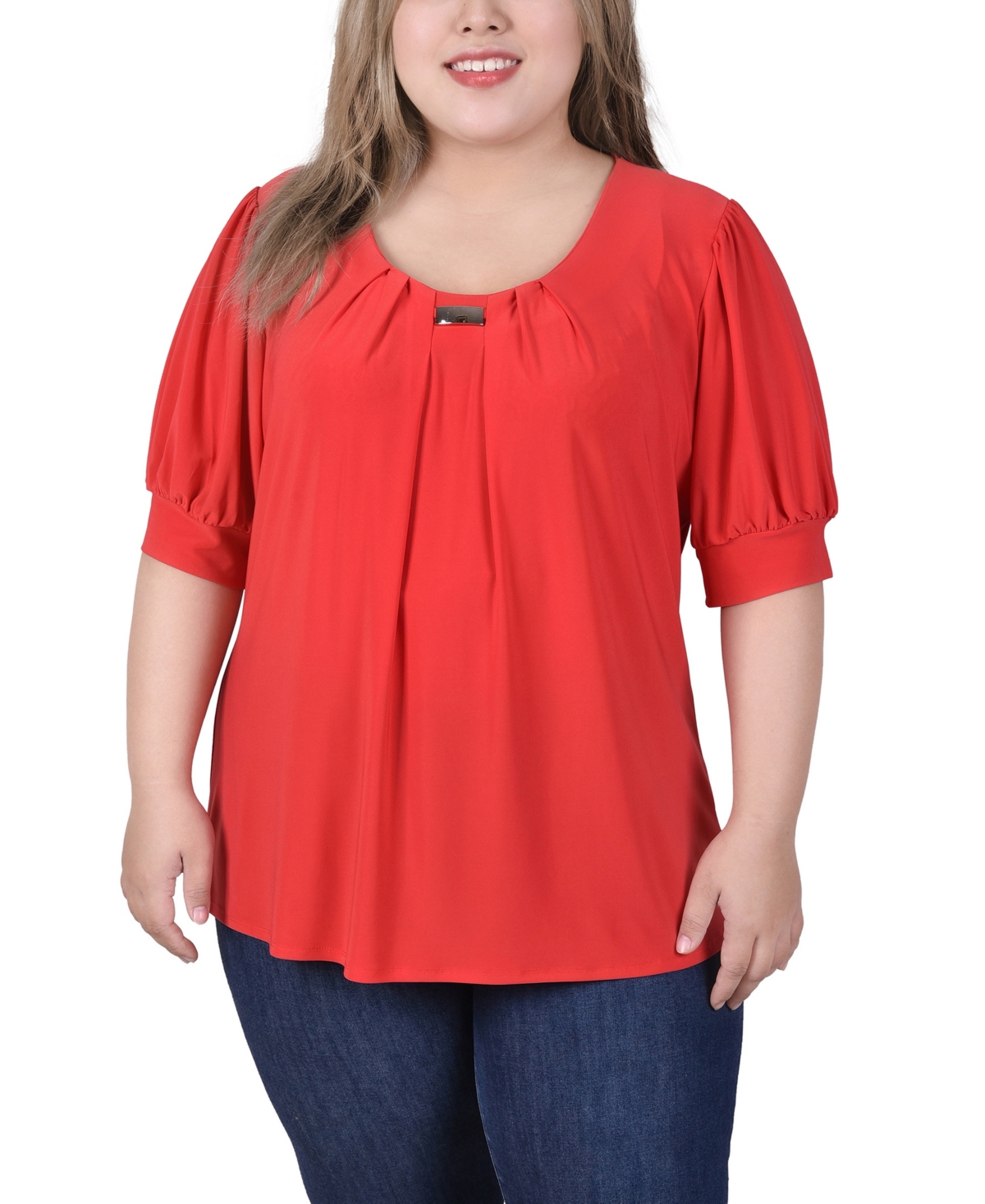 Ny Collection Plus Size Short Balloon Sleeve Top With Hardware In Lava