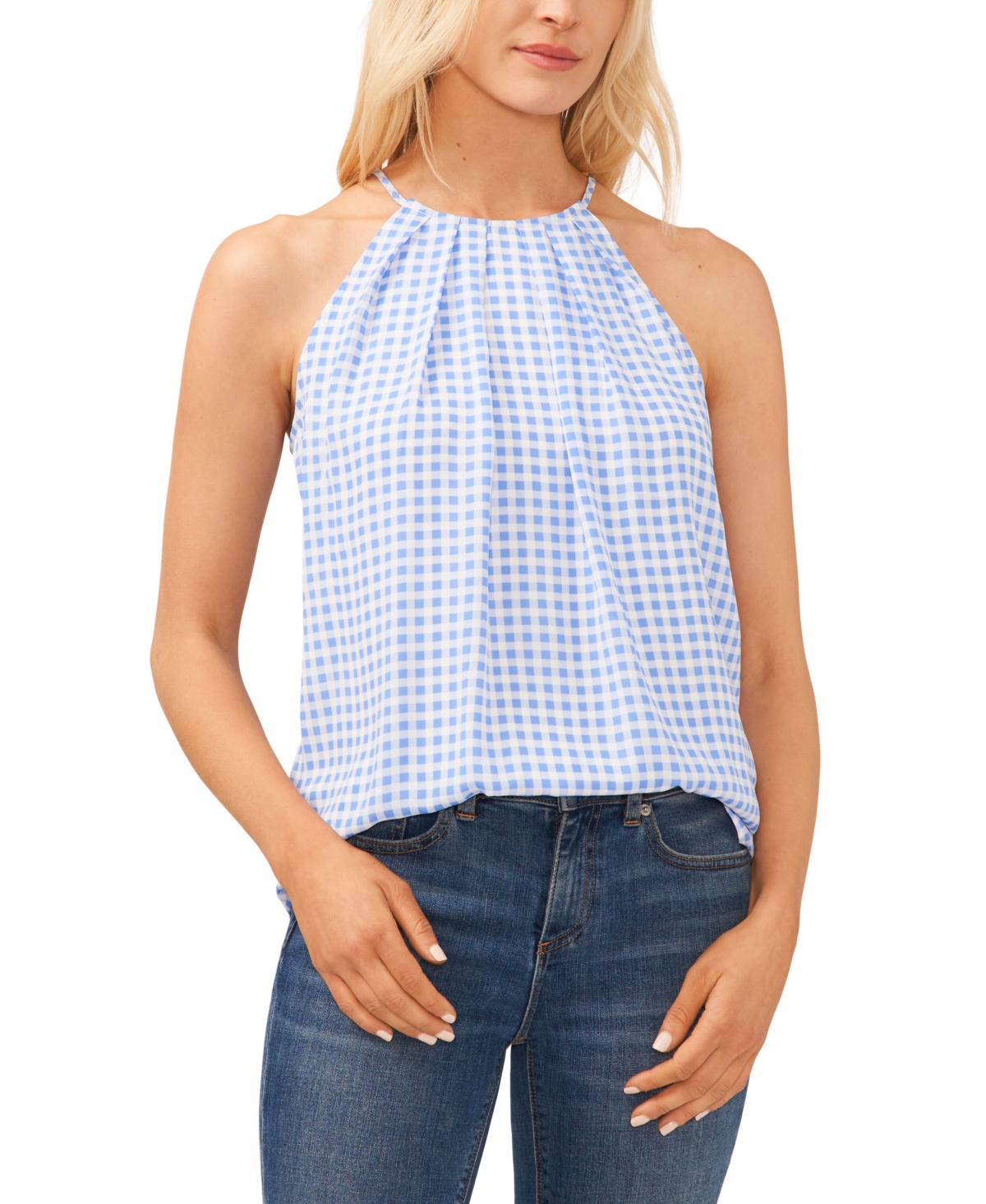 CECE CECE WOMEN'S SLEEVELESS PLEATED GINGHAM HALTER TOP