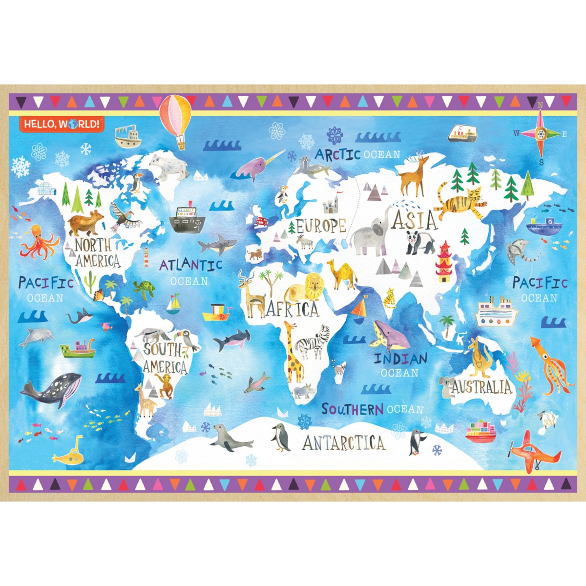 Masterpieces Hello, World! - World Map 60 Piece Wood Jigsaw Puzzle