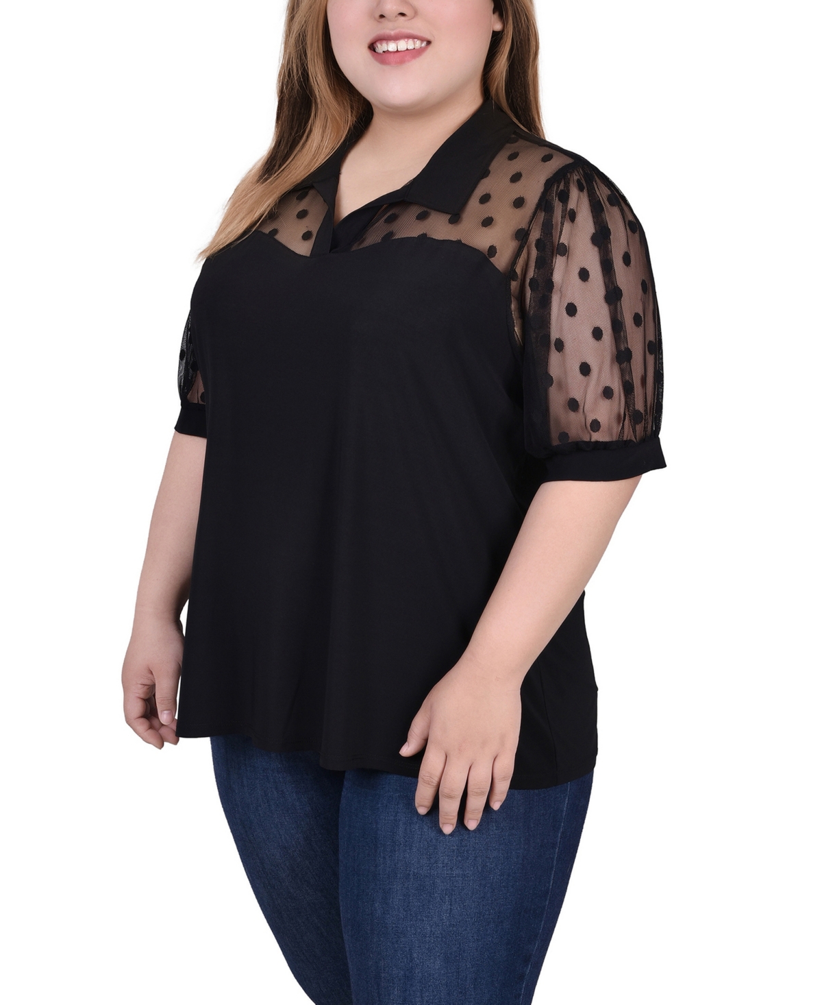 Ny Collection Plus Size Short Sleeve Top with Dotted Mesh