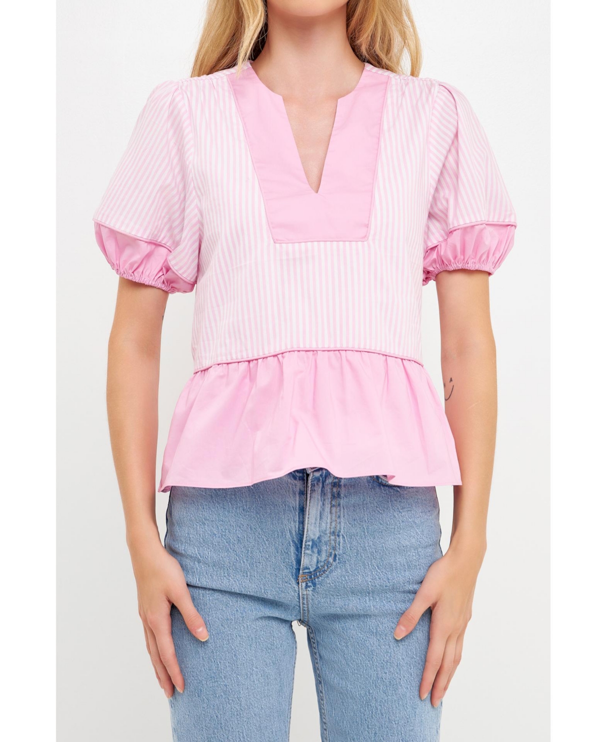 English Factory Contrast Stripe Puff Sleeve Top In Pink Multi
