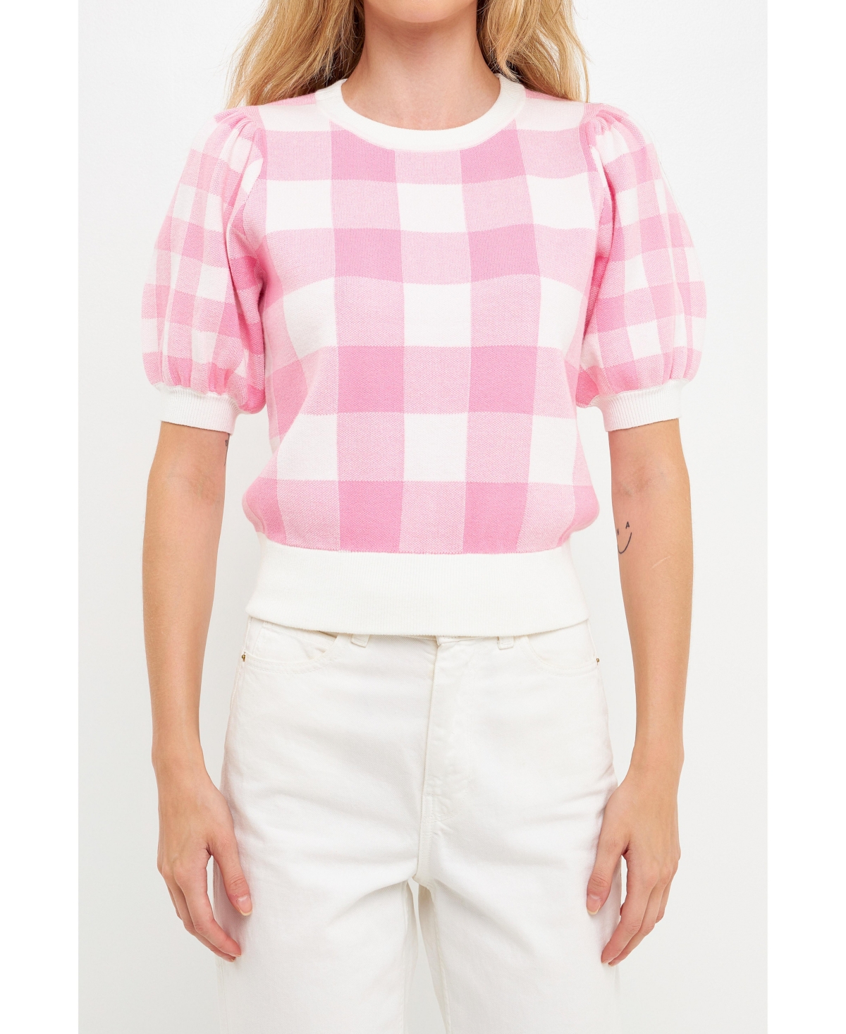 English Factory Gingham Puff Sleeve Sweater In Pink
