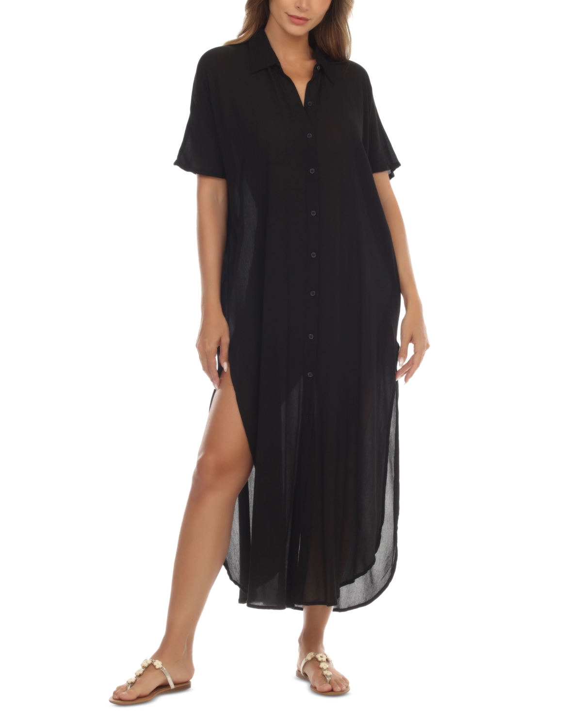 Shop Raviya Women's Button-down Maxi Dress Cover-up In Black