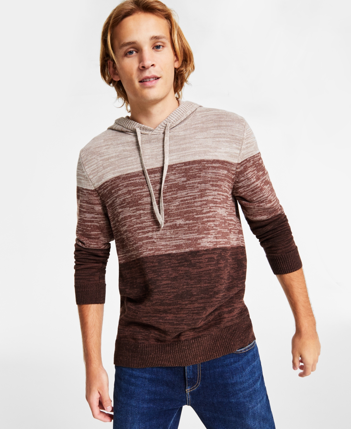 Men's Colorblocked Hooded Sweater, Created for Macy's - Chocolate Chip