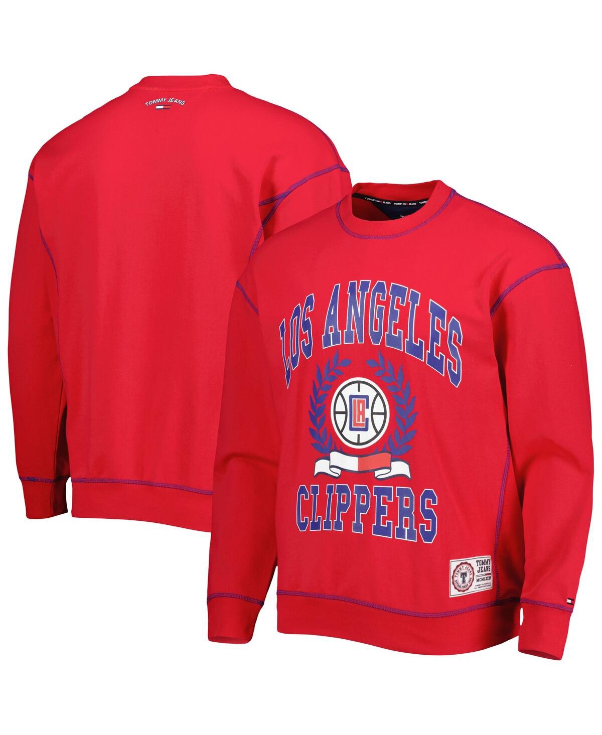 TOMMY JEANS MEN'S TOMMY JEANS RED LA CLIPPERS PETER FRENCH TERRY PULLOVER CREW SWEATSHIRT