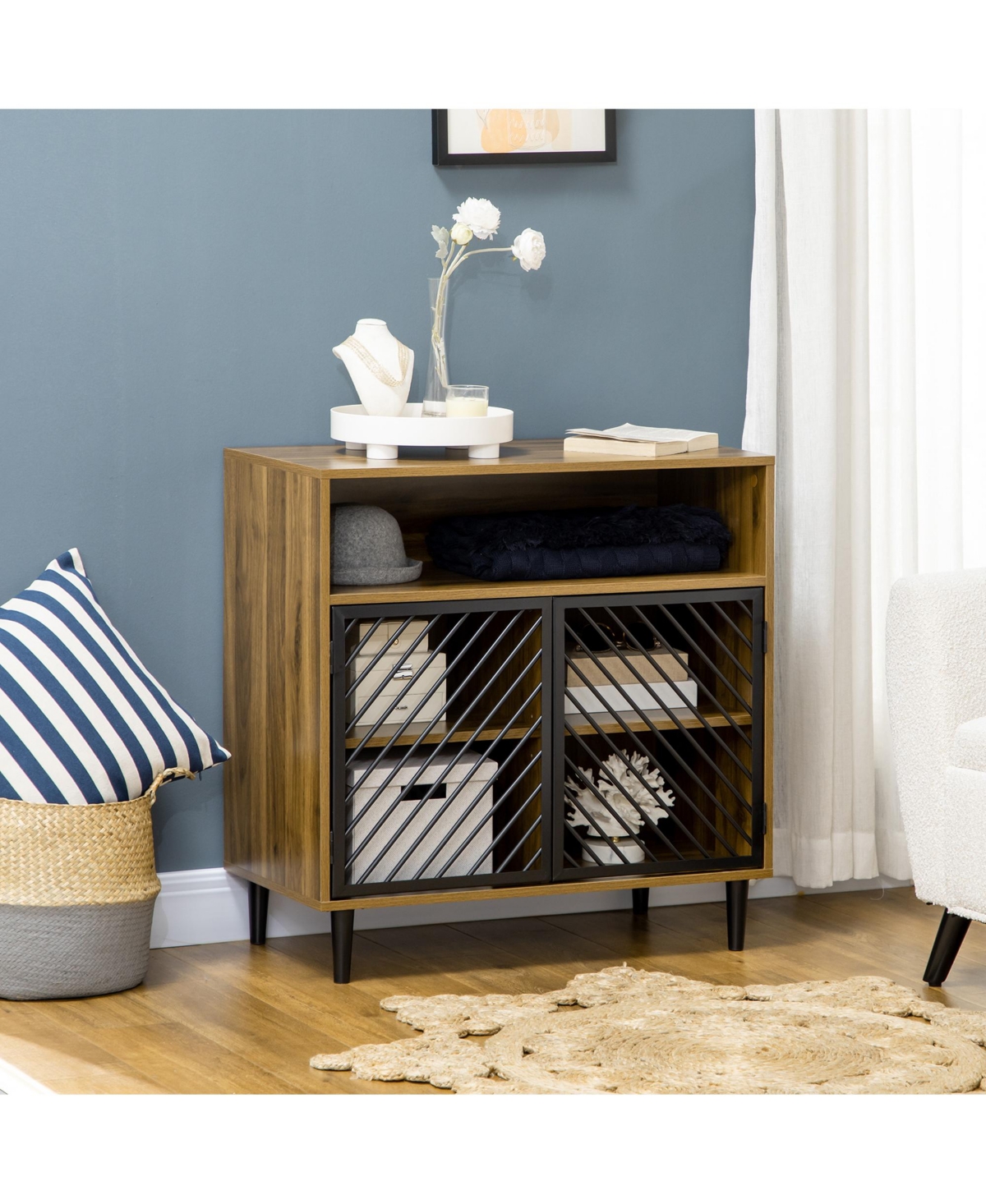 Homcom Rustic Kitchen Cabinet, Storage Cabinet, Sideboard Floor Accent Cabinet with Metal Doors and Adjustable Shelves for Living Room, Dining Room, B