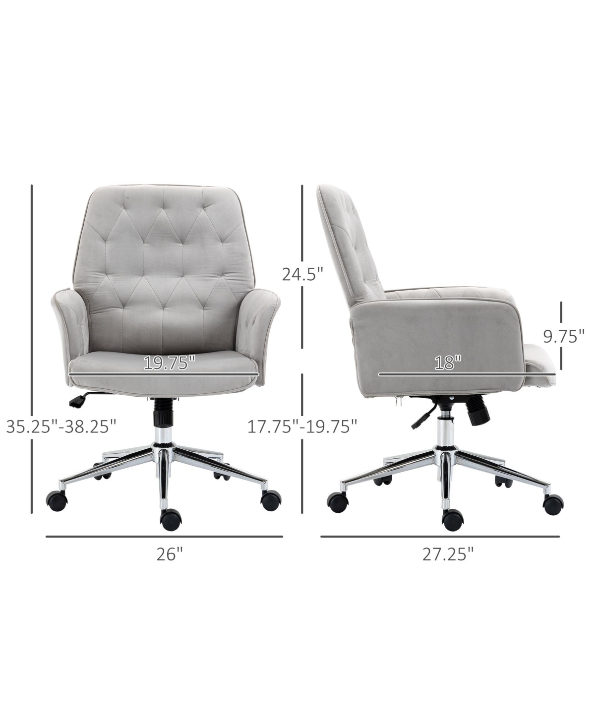 Vinsetto Mid-Back Tufted Velvet Touch Computer Desk Swivel Chair, Light Grey