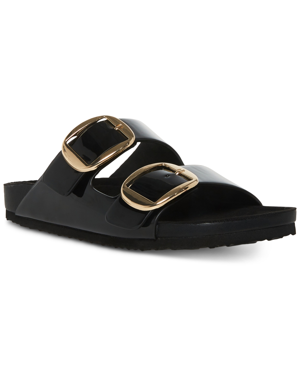 Madden Girl Bodie Buckle Footbed Slide Sandals In Black Box Patent