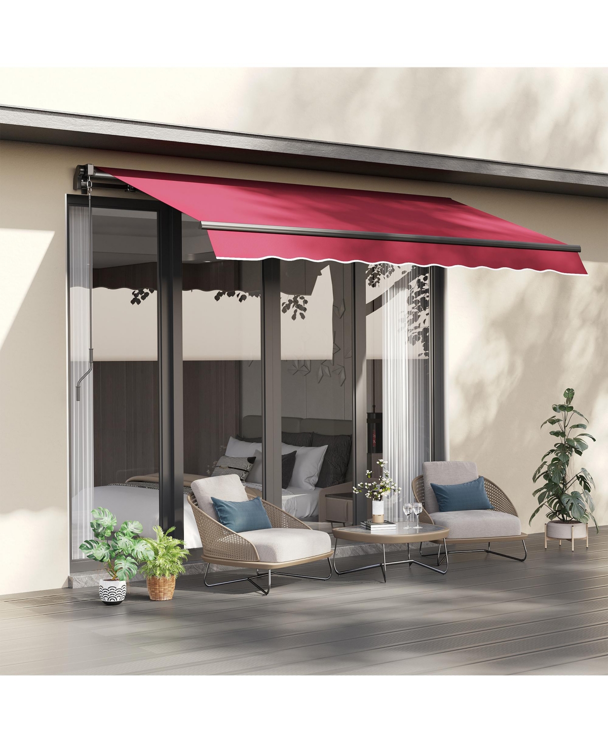 10' x 8' Manual Retractable Awning Sun Shade Shelter for Patio Deck Yard with Uv Protection and Easy Crank Opening, Red - Red