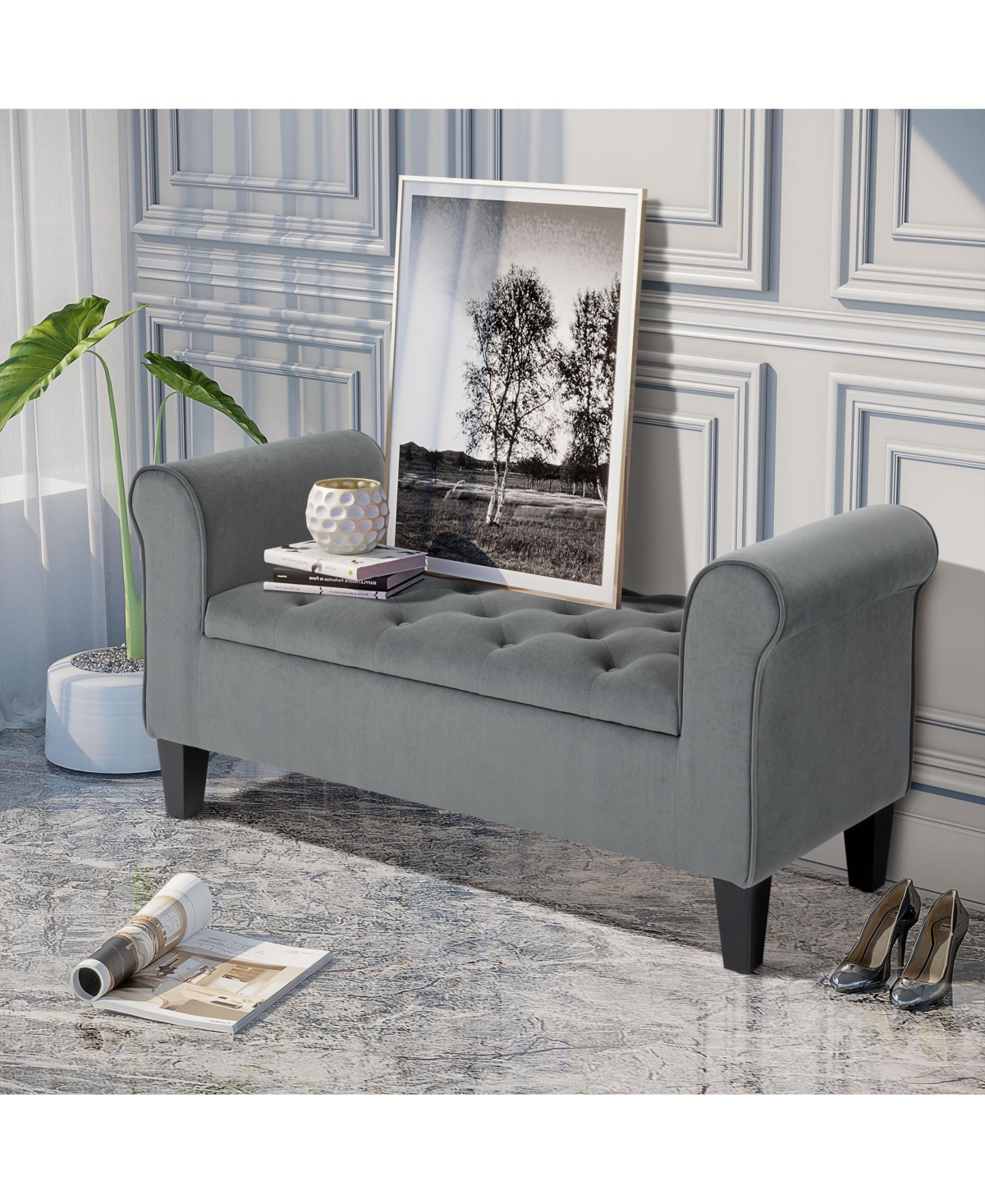 Homcom Button-Tufted Storage Ottoman, Fabric Upholstered Bench with Armrests for Bedroom, Entryway, Living room,- Grey