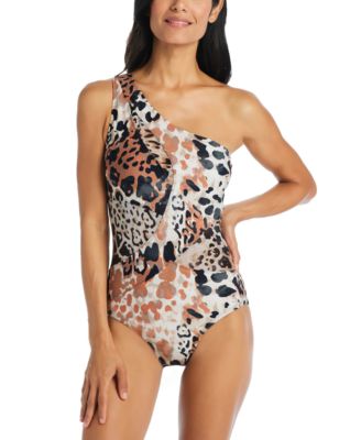 Beyond Control - Women's Neutral Animal-Print One-Shoulder One-Piece Swimsuit With Mesh Cut-Outs