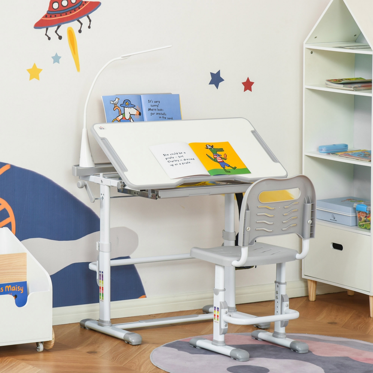 Qaba Kids Table and Chair Set, Activity Desk with Usb Lamp,