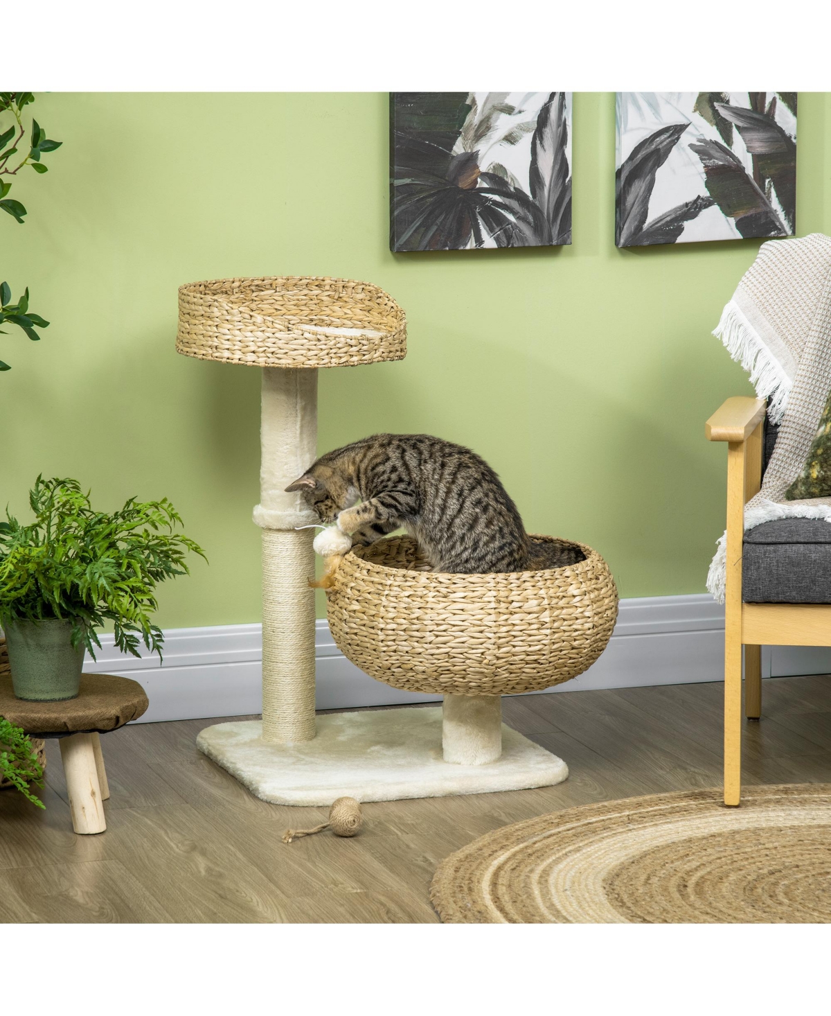 28" Elevated Cat Bed with Sisal Scratching Post for Indoor Kitties, Modern Cat Tree with Cute Basket Design, Small Cat Tree with Fun Ball Toy -