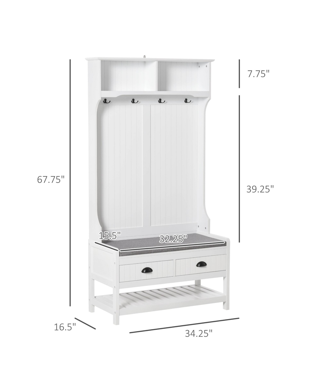 Homcom Coat Rack and Bench Hall Tree Organizer with 4 Hooks and 2 Drawer, White