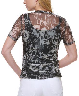 DKNY Jeans Women's Ruched-Side Sheer Mesh Top