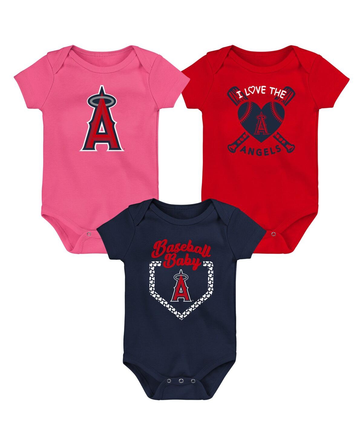 Shop Outerstuff Infant Boys And Girls Red And Navy And Pink Los Angeles Angels Baseball Baby 3-pack Bodysuit Set In Red,navy,pink