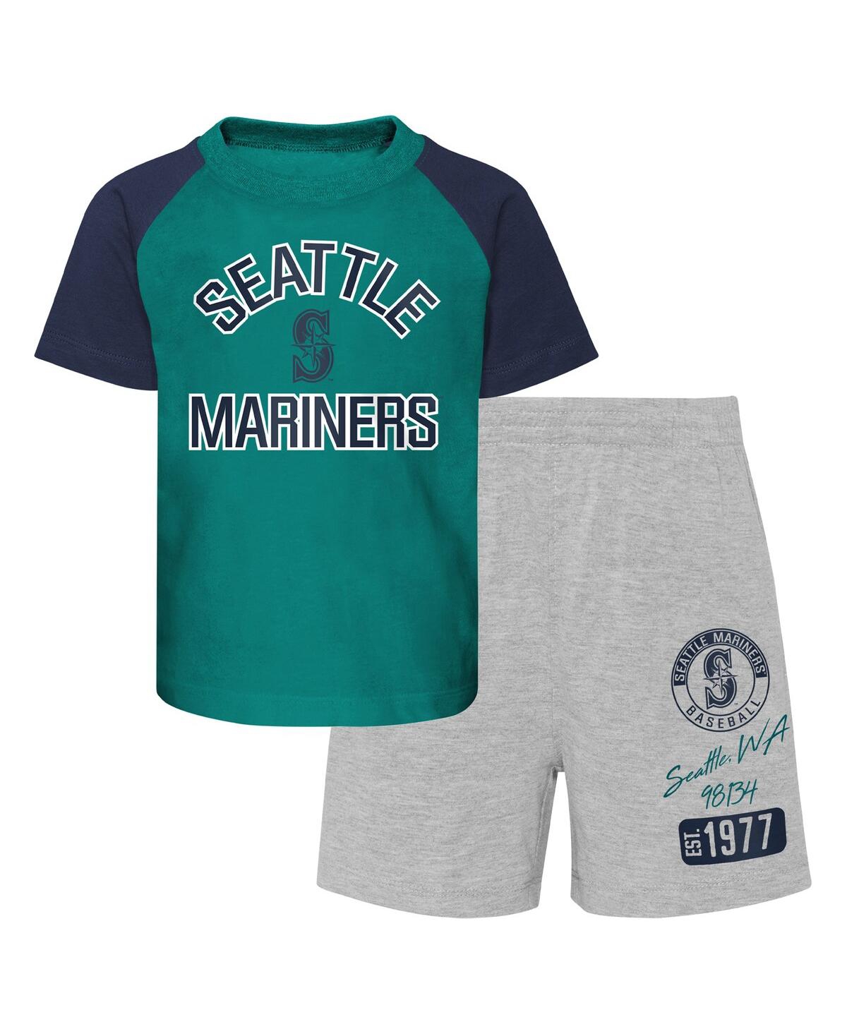 Shop Outerstuff Infant Boys And Girls Aqua And Heather Gray Seattle Mariners Ground Out Baller Raglan T-shirt And Sh In Aqua,heather Gray
