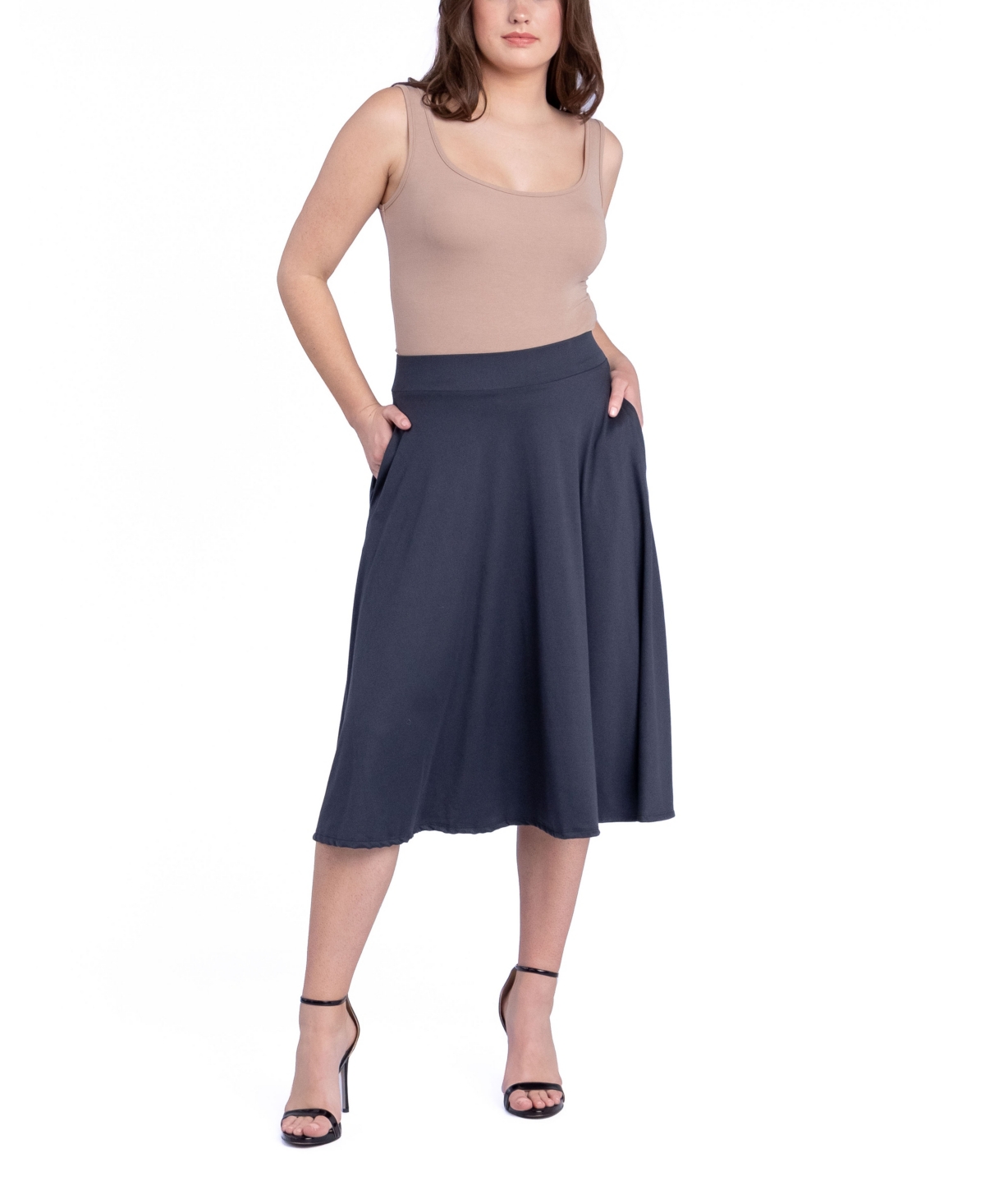 24seven Comfort Apparel Women's Elastic Waistband Pocket Midi Skirt In Gray