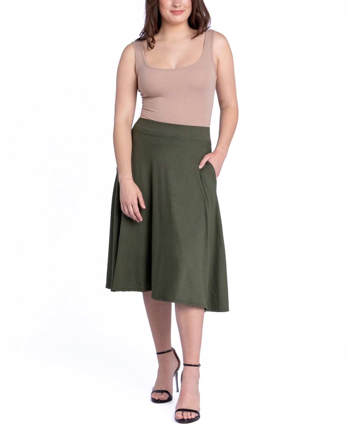 24seven Comfort Apparel Women's Elastic Waistband Pocket Midi Skirt In Green