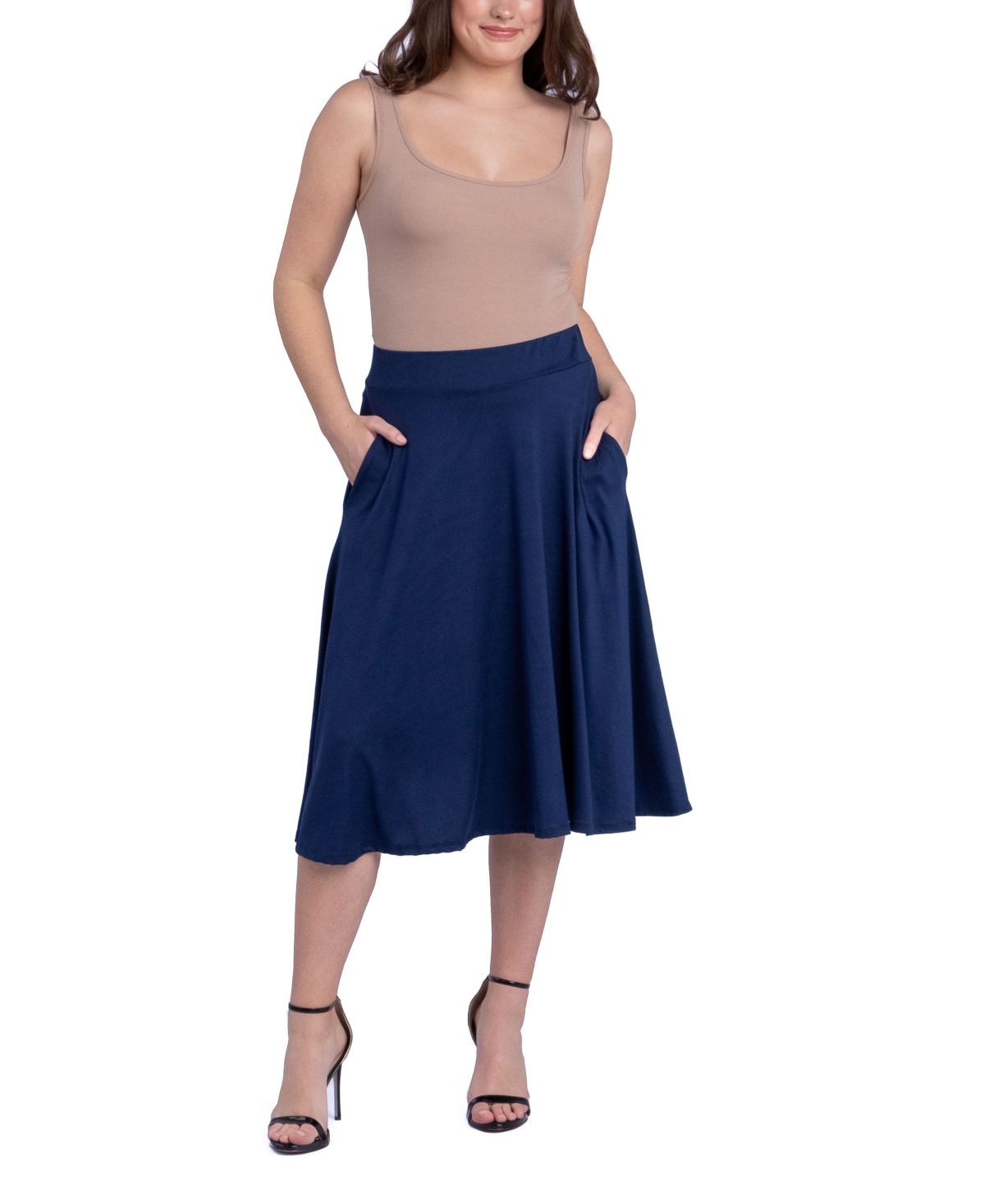 24seven Comfort Apparel Women's Elastic Waistband Pocket Midi Skirt In Blue