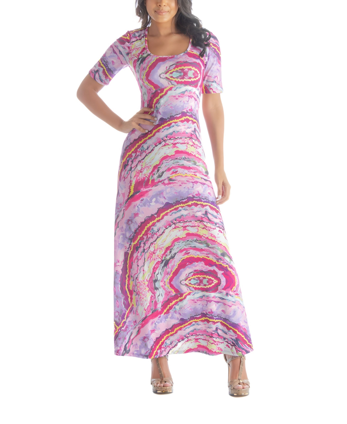 24seven Comfort Apparel Women's 3/4 Sleeve Length Loose Long Dress In Pink Multi