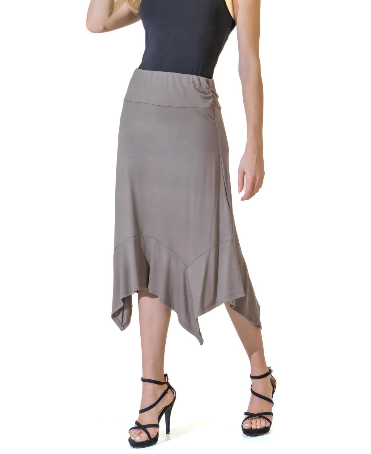 24seven Comfort Apparel Solid Color Knee Length Elastic Waist Handkerchief Skirt In White
