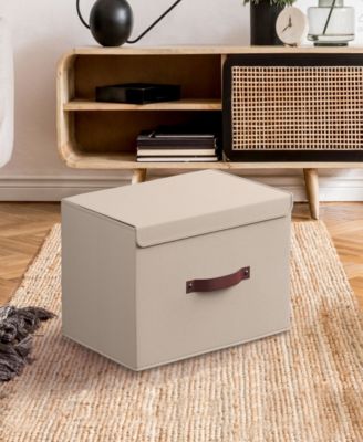 3 Pack Foldable Linen Storage Bin with Faux Leather Handles and Lid