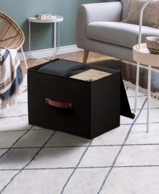 3 Pack Foldable Linen Storage Bin with Faux Leather Handles and Lid