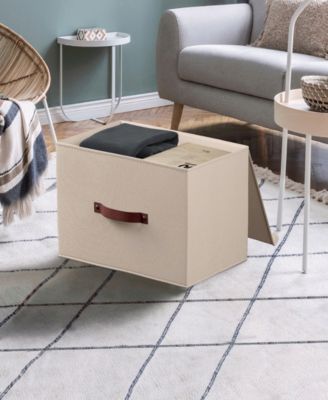 3 Pack Foldable Linen Storage Bin with Faux Leather Handles and Lid