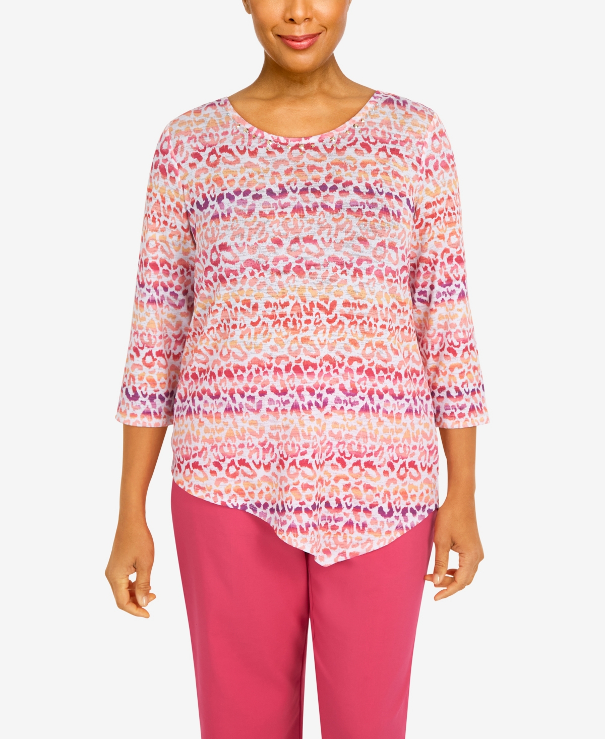 Alfred Dunner Petite Animal Biadere Asymmetric Three Quarter Length Sleeve Top In Multi
