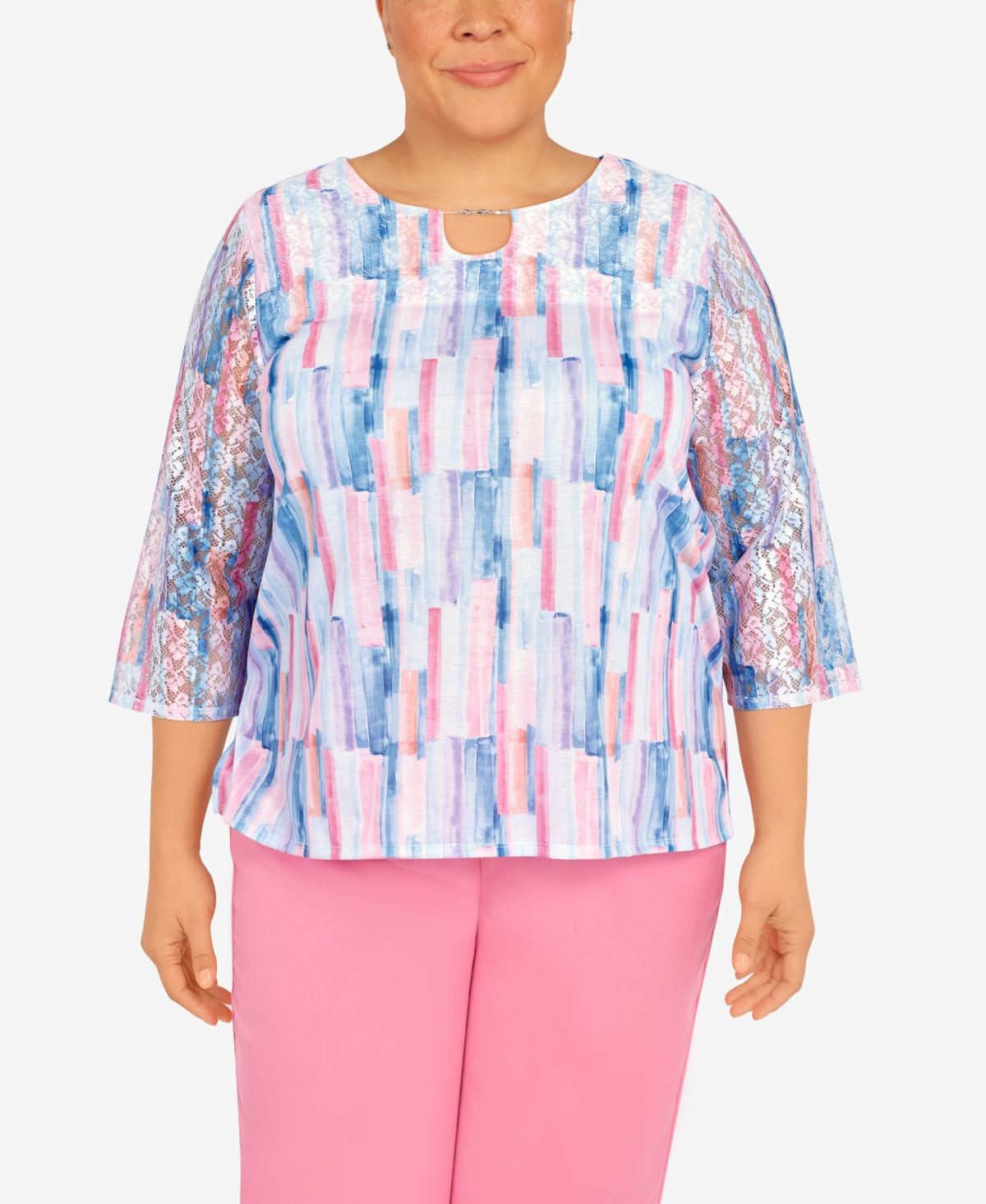 ALFRED DUNNER PLUS SIZE BRUSHSTROKE LACE SLEEVE TOP