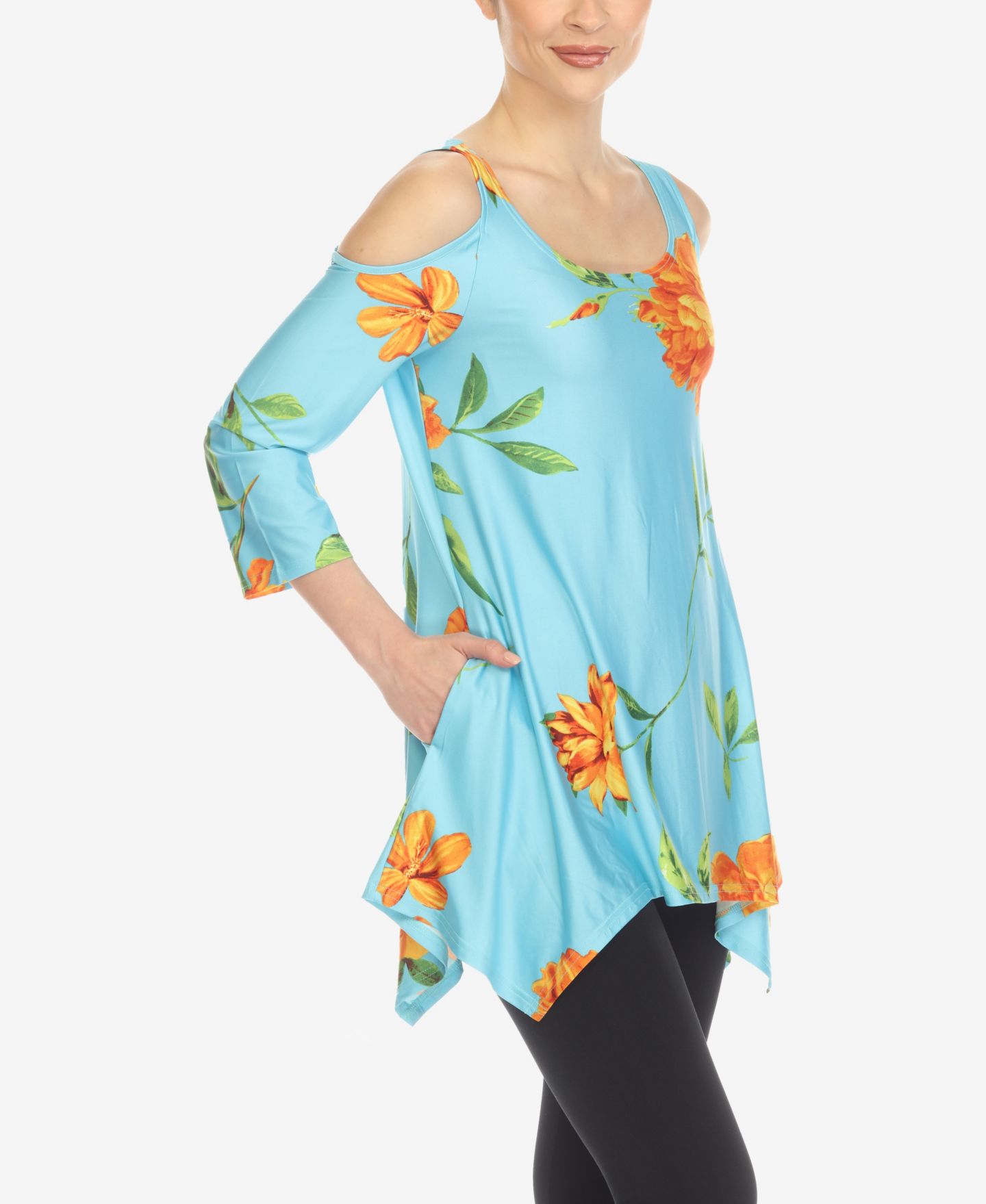 Женский топ White Mark Floral Printed Cold Shoulder Tunic Top, цвет: Синий / Оранжевый — фото 3
