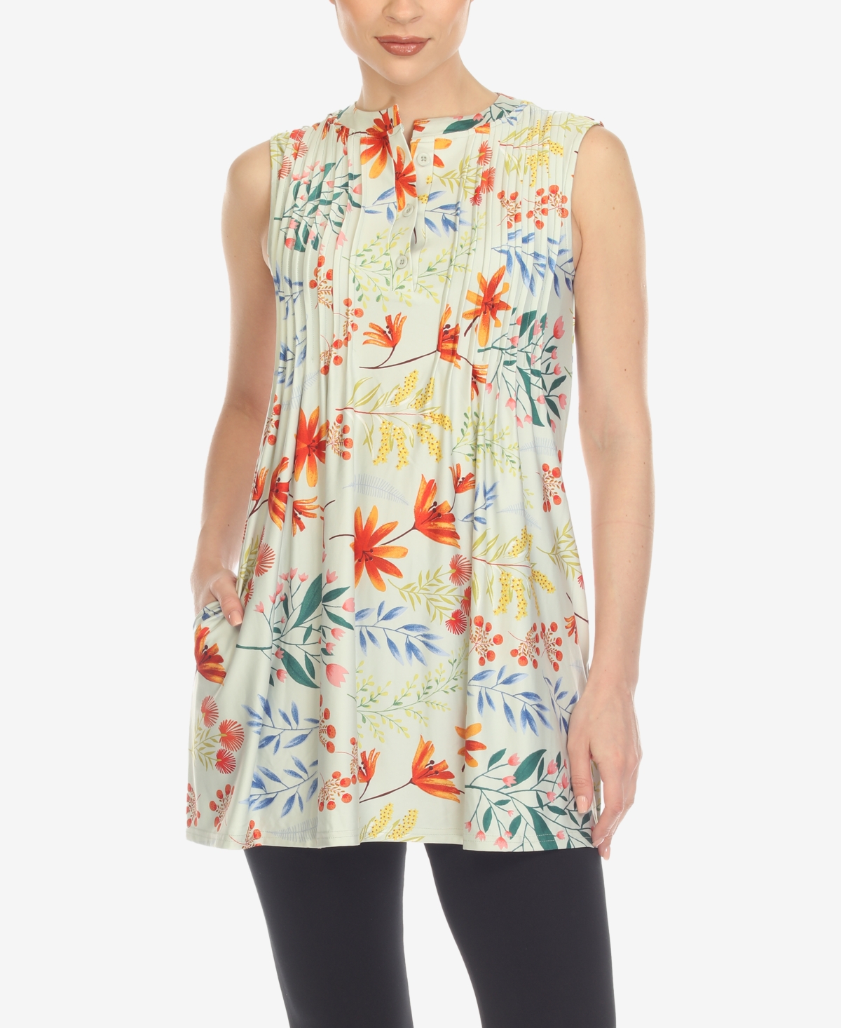 Shop White Mark Women's Floral Sleeveless Tunic Top In Sage